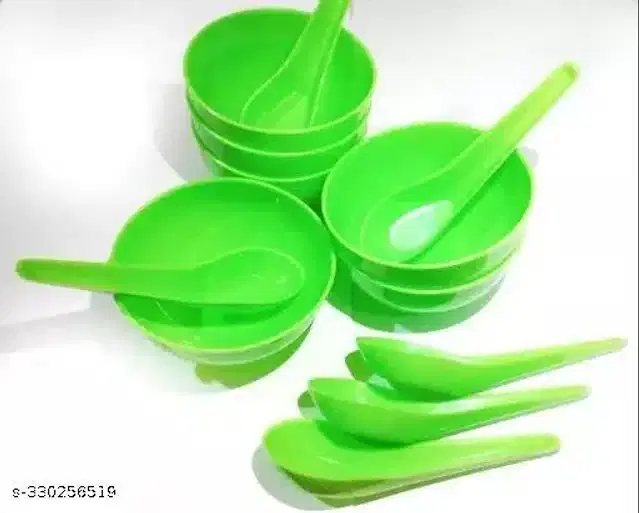 Plastic 6 Pcs Bowls, 250 ml with 6 Pcs Spoons, Green, Set of 2