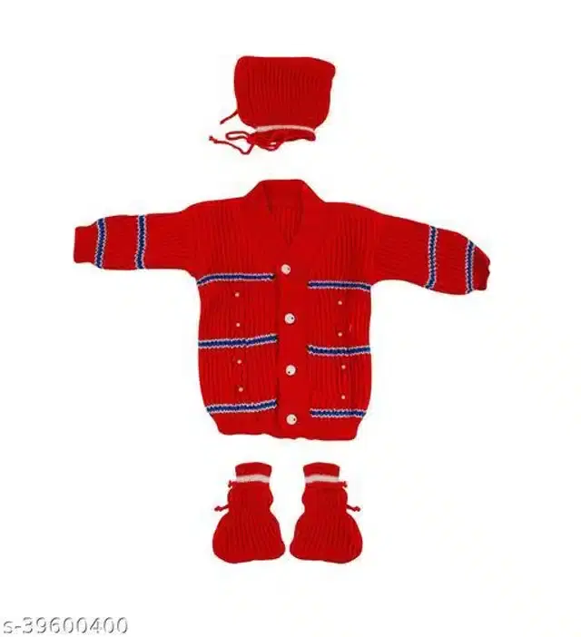 Woolen Striped Sweater with Cap & Socks for Kids (Red, 0-3 Months)