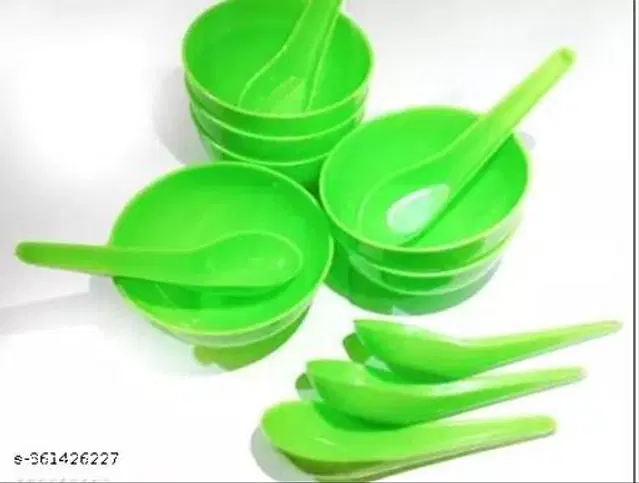 Plastic Bowls, 6 Pcs with 6 Pcs Spoons, Green, Set of 2