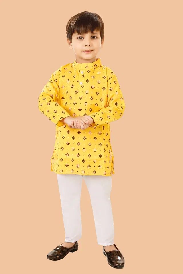 Cotton Blend Printed Kurta with Payjama for Boys, Yellow & White (13-14 Years)