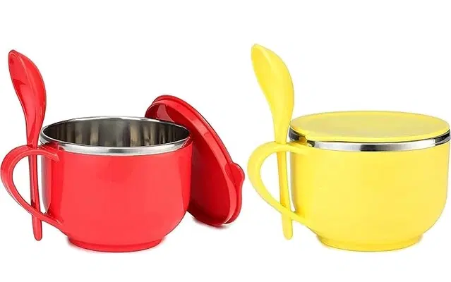 Inner Steel Microwave Safe Noodles, Soup Bowl with Spoon & Lid, Multicolor, Set of 2