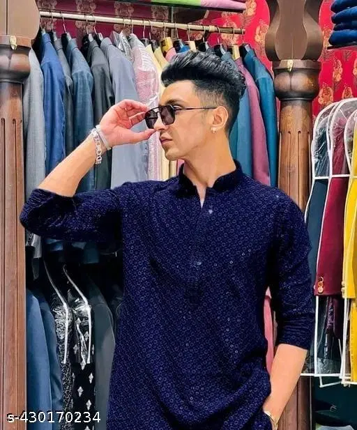 Embroidered Mandarin Neck Kurta for Men (Navy Blue, S)