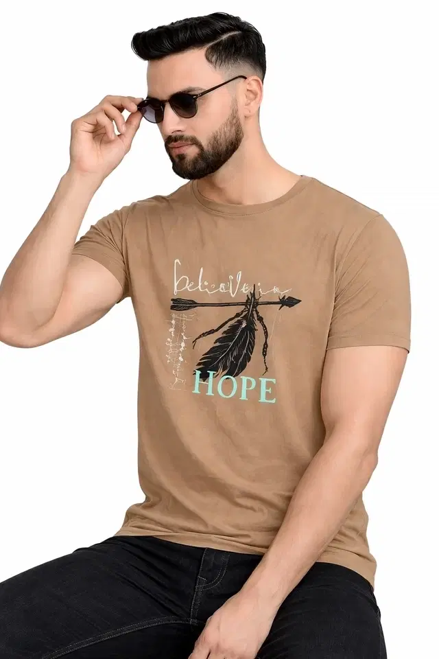 Printed Polyester T-Shirts for Mens ,Beige (M)