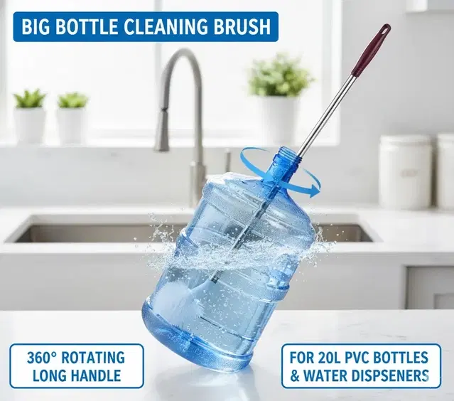 Big Bottle Cleaning Brush for 20L PVC Bottles & Water Dispensers 360° Rotating Long Handle