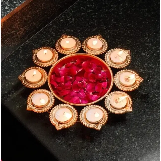 Diwali Diya Set With Urli Bowl, Gold Finish 25x25x4cm