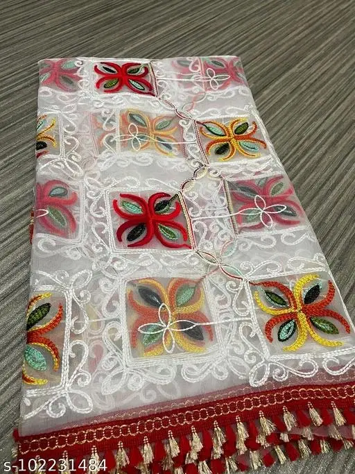 Embroidered Rajasthani Net with Checked Pattern (White, Free Size)