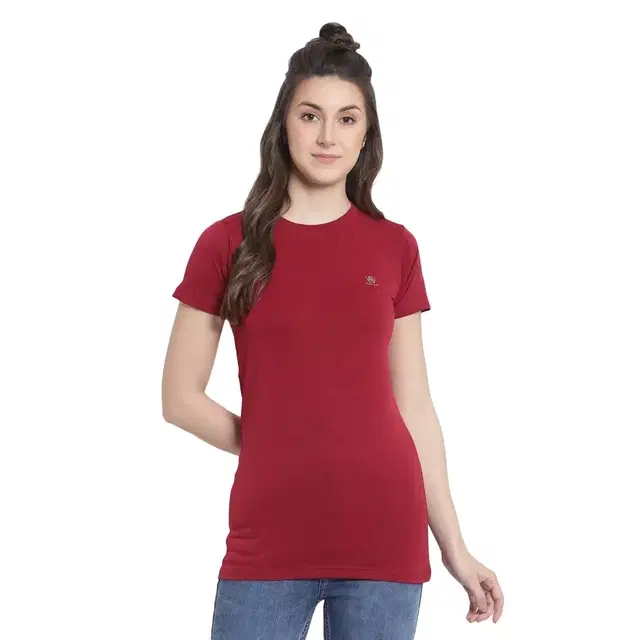 Cotton Blend Solid T-Shirt for Women, Red (M)