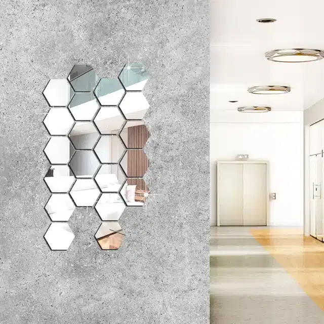 Acrylic Hexagon Shaped Wall Mirror Stickers, Silver, Pack of 22