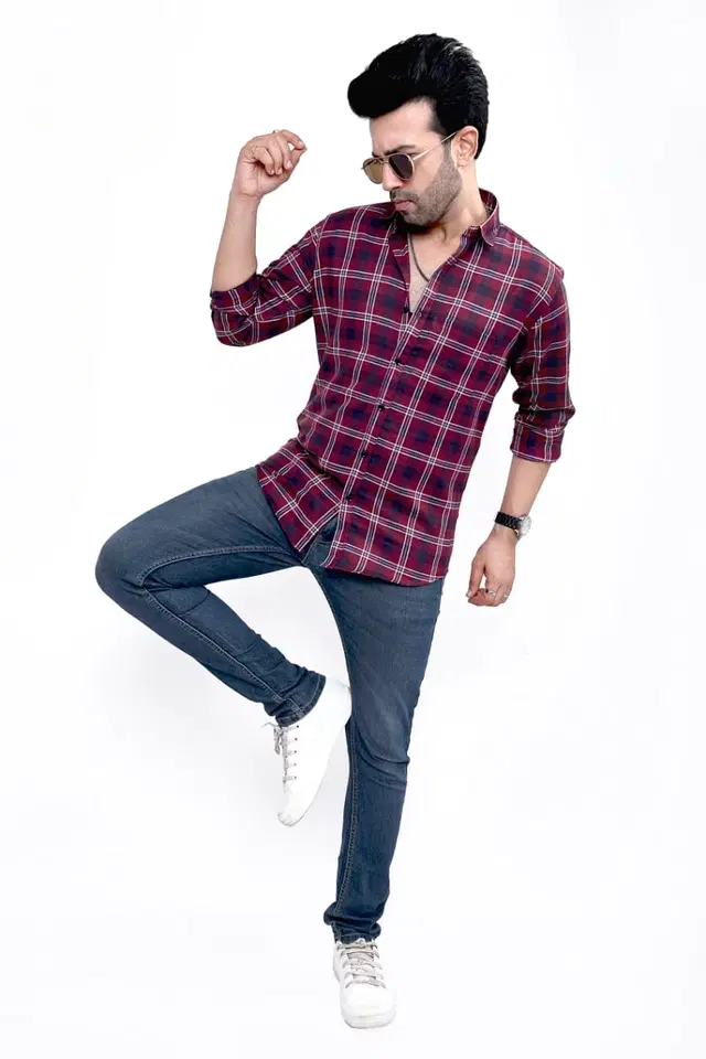 Cotton Blend Checked Shirt for Men, Maroon (L)