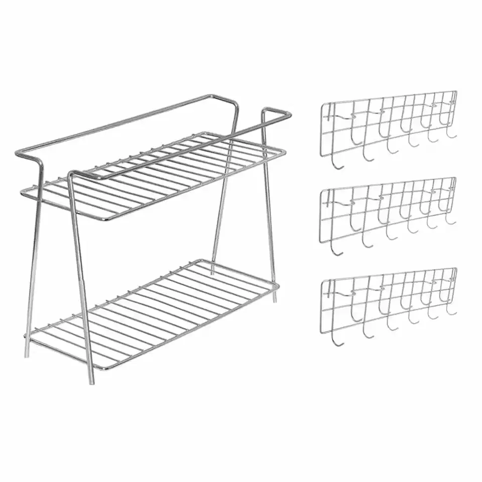 Oc9 Stainless Steel Spice Rack 2 Shelf & Wall Mounted Ladle Hook Rail For Kitchen, Pack Of 3