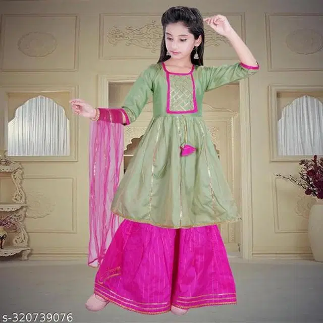 Dupion Silk Kurta Sets for Girls (Green & Pink, 3-4 Years)