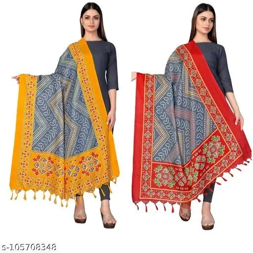 Printed Khadi Cotton Dupatta with Tassels for Women, Pack of 2 (Multicolor, One Size)