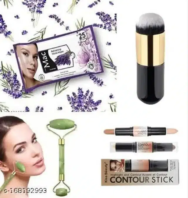 Set of 4 Combo of Face Wipes, Foundation Brush, Roller Face Massager & Contour Stick, Multicolor