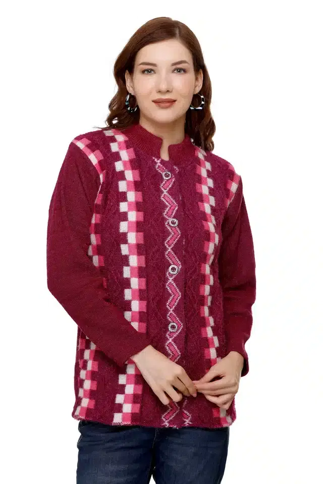 Woolen Jacquard Cardigan for Women (Purple, Free Size)