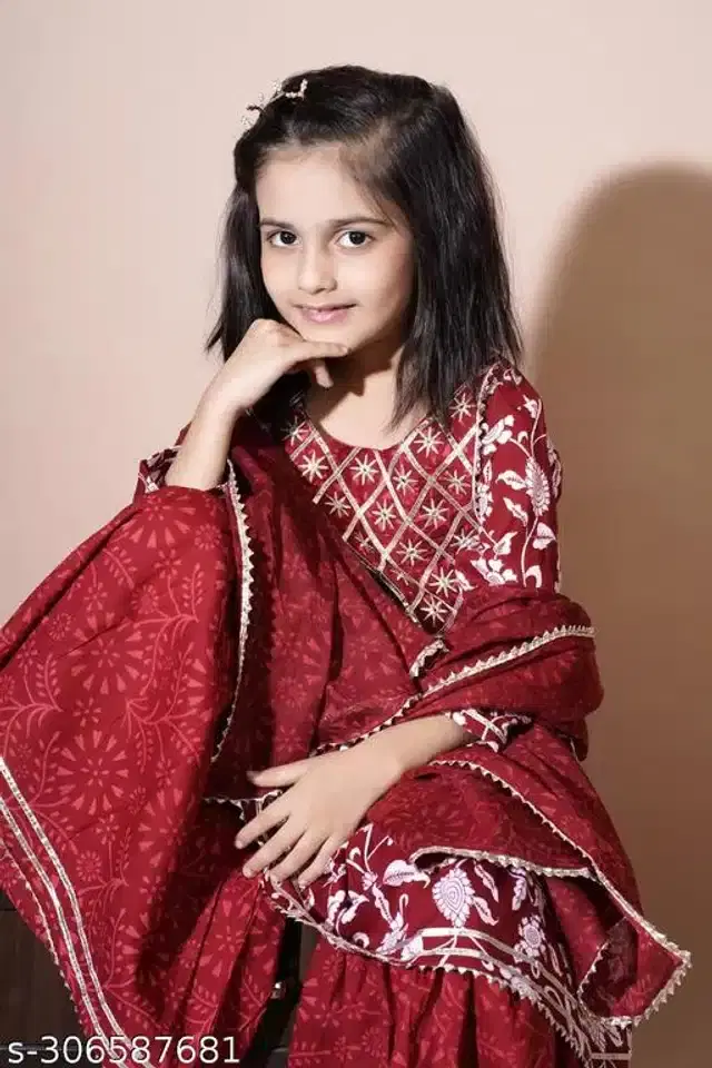 Rayon Printed Kurti with Dupatta & Sharara for Girls (Maroon, 7-8 Years)
