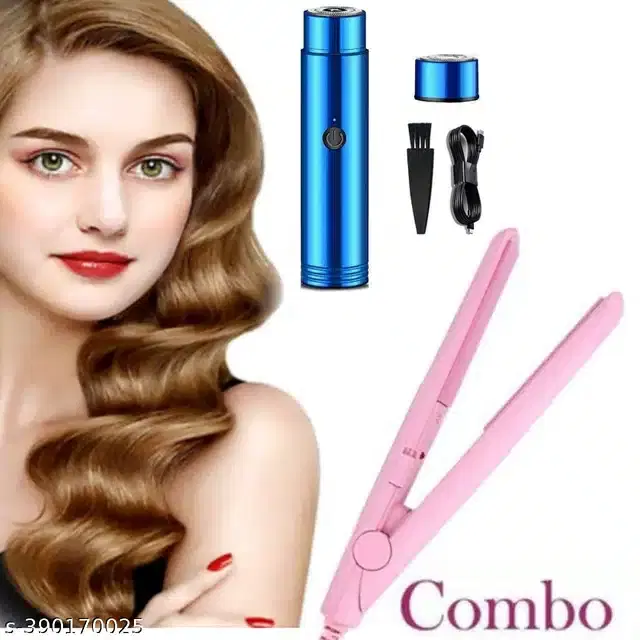 Mini Hair Straightener with Portable Electric Shaver for Men & Women, Multicolor, Set of 2