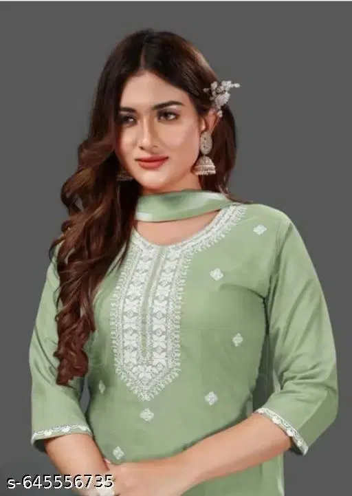 Jute Cotton Printed Kurta Set for Women (Green, S)