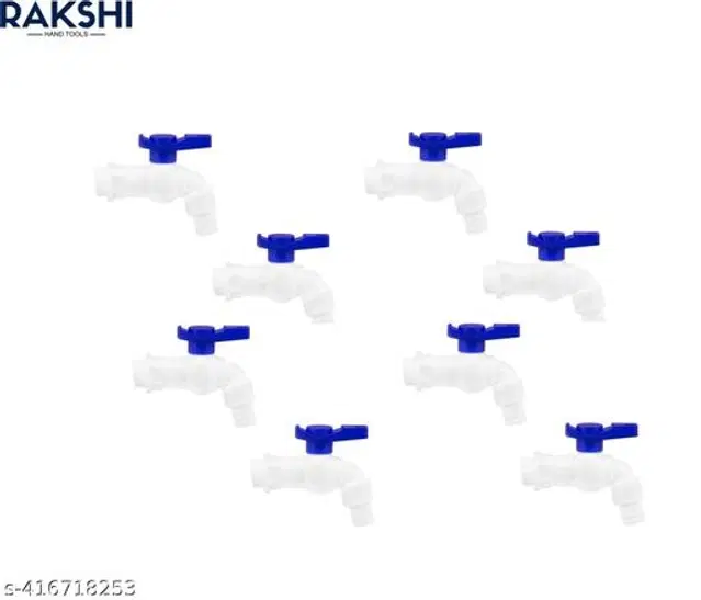 Plastic Nozzle Bib Cock Taps, White & Blue, Pack of 8