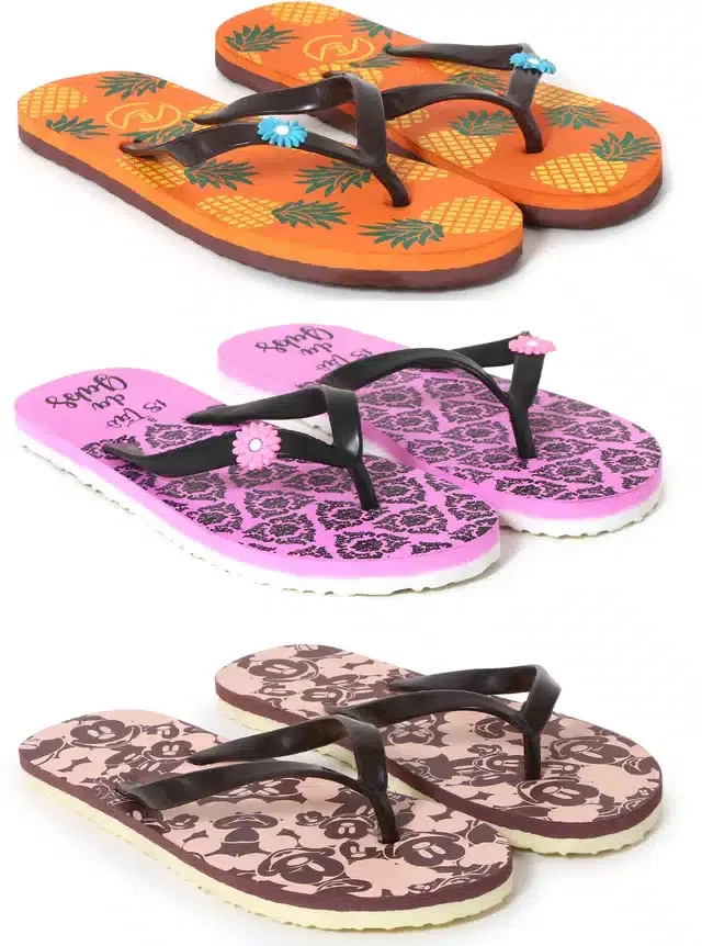 Flip Flops for Women, Pack of 3 (Multicolor, 6)