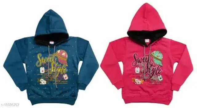Fleece Printed Full Sleeves Hooded Sweatshirts for Girls, Pack of 2 (Navy Blue & Pink, 3-4 Years)