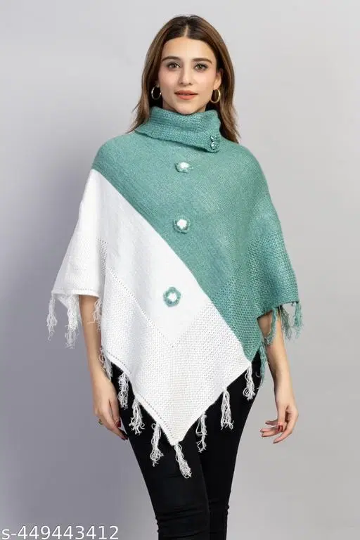 Woolen Poncho for Women (Green & White, Free Size)