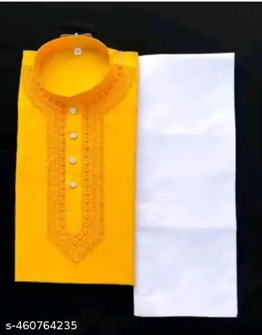 Cotton Solid Kurta Set for Men, Yellow & White (M)