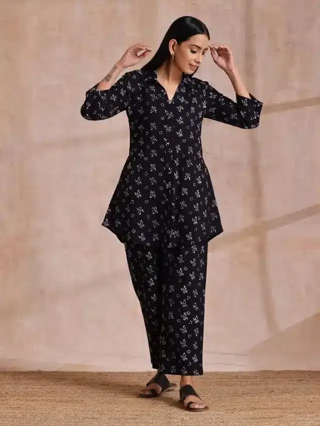 Cotton Blend Printed Short Kurti with Palazzo Set for Women (Black, XL)
