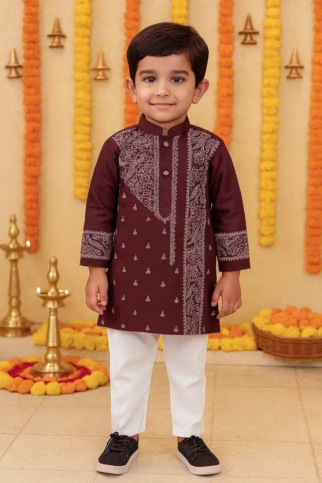 Dupion Silk Printed Kurta with Payjama for Boys, Wine & White (0-6 Months)
