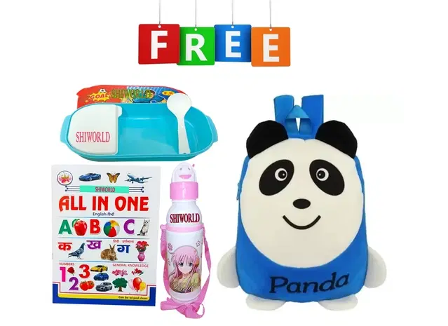 Combo of Fabric School Bag, Water Bottle, Lunch Box with All in One Book for Kids, Multicolor, Set of 4