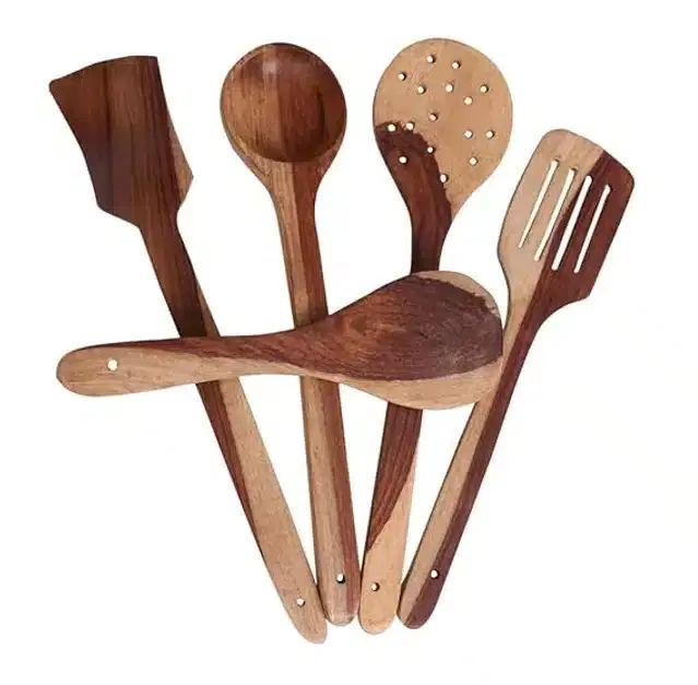 Wooden Cooking & Serving Spoons, Brown, Set of 5