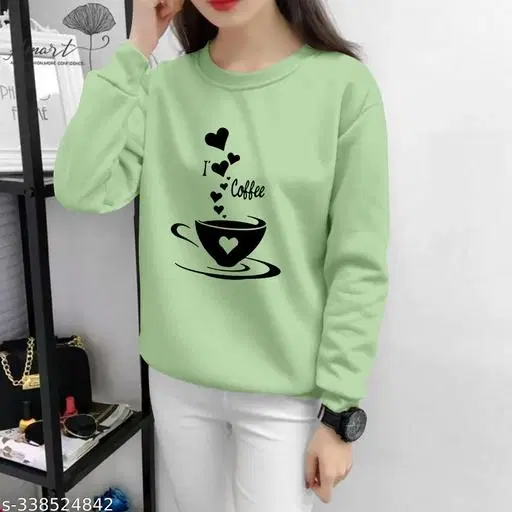 Cotton Printed Sweatshirt for Women (Sea Green, S)