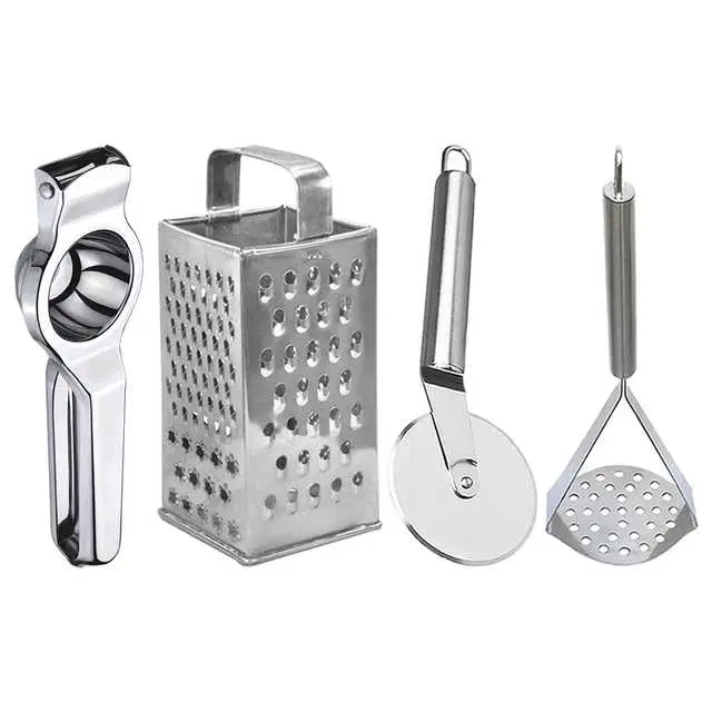 Oc9 Stainless Steel Lemon Squeezer & 4 in 1 Grater Or Slicer & Pizza Cutter & Potato Masher Kitchen Tool Set, O-151
