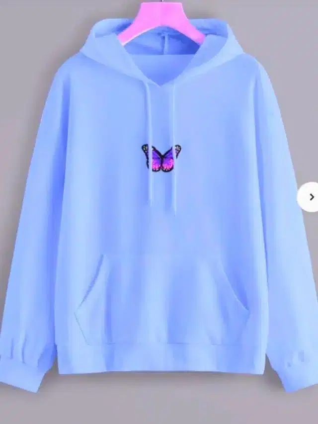 Fleece Self-Design Hoodies for Women (Sky Blue, S)