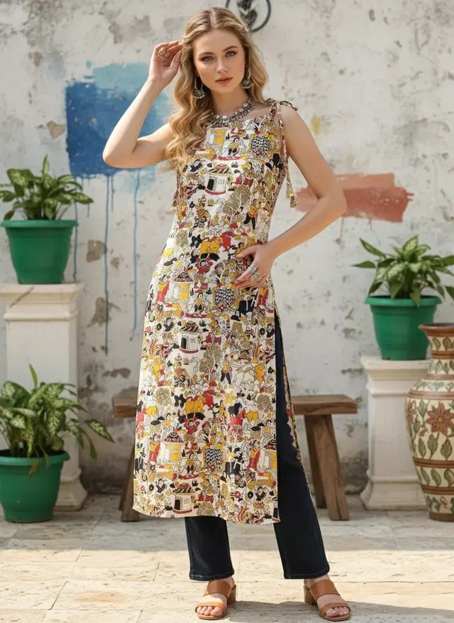 Kalamkari Print Rayon Kurti for Women (Multicolor, XS)