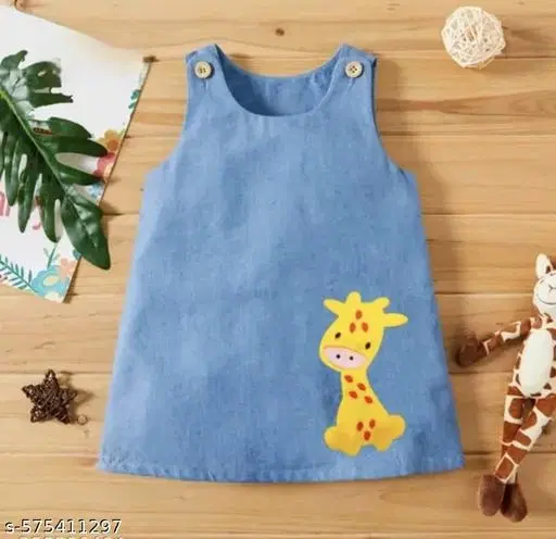 Denim Printed Frock for Girls, Blue (0-2 Months)