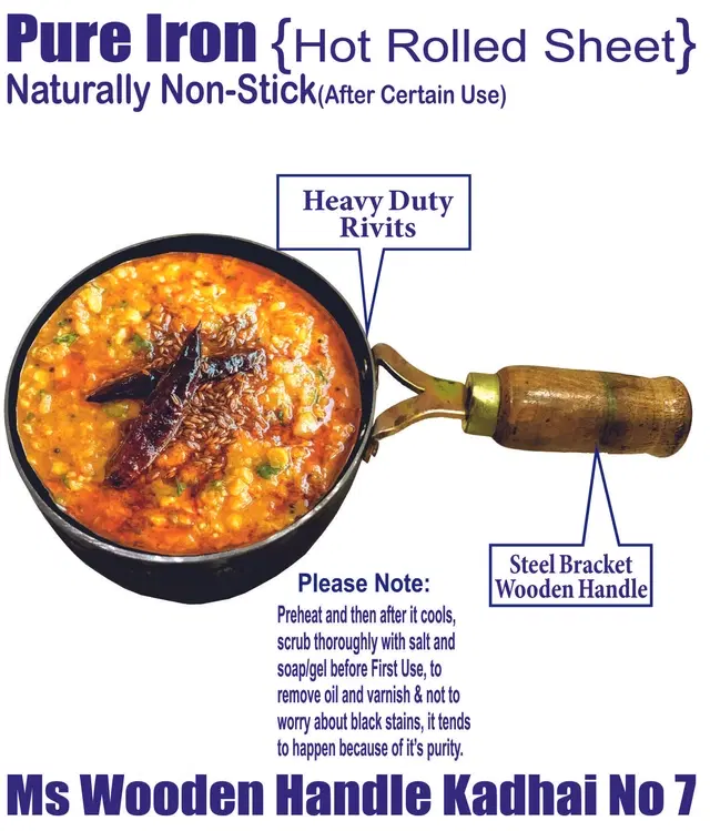 Iron Non Coated Kadai with Wooden Handle, Black, 0.75 L