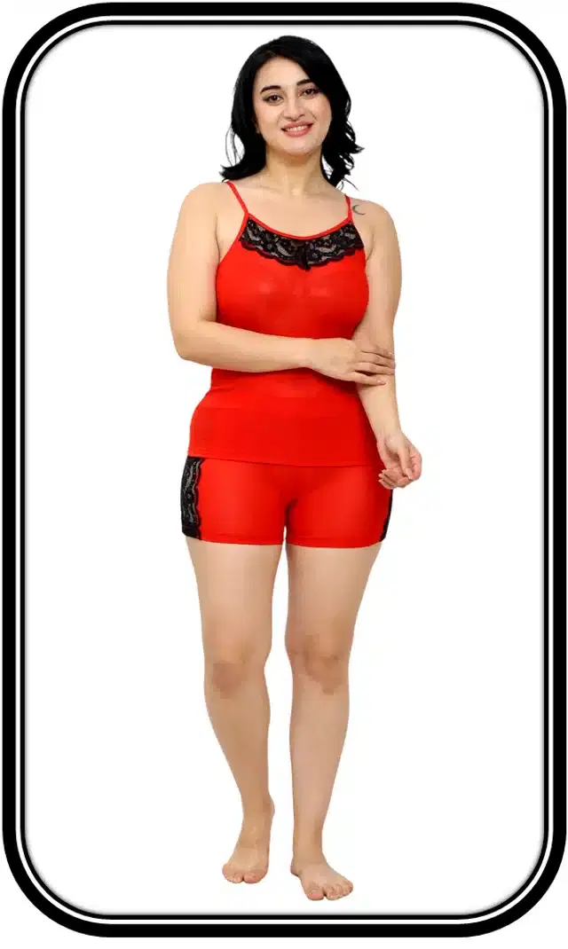Cotton Blend Babydoll Set for Women (Red, XXS)