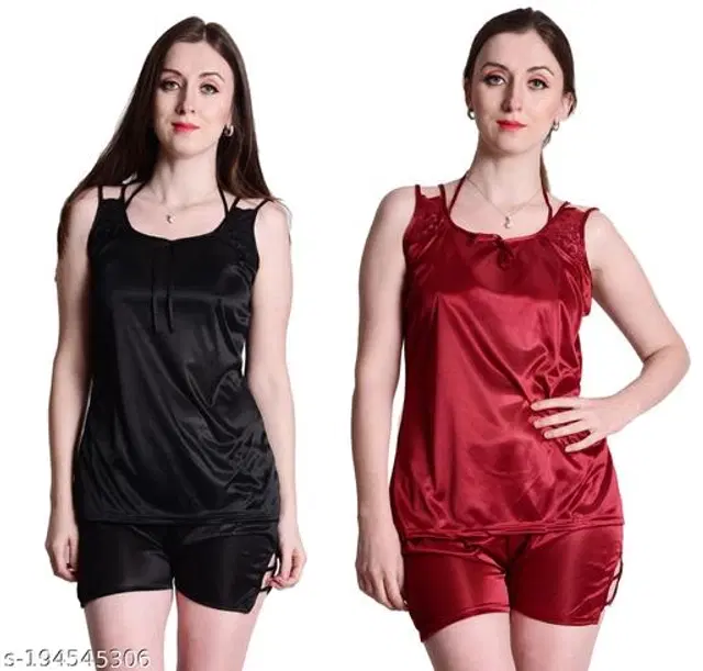 Satin Nightdress Set for Women, Set of 2 (Black & Maroon, S)