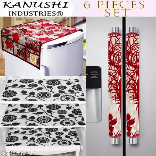 KANUSHI Industries® 1Pc Fridge Cover for Top with 6 Utility Pockets + 2 Handles Covers + 3 Fridge Mats (FRI-MAROON-SHUB+2-HANDLE+M-3)