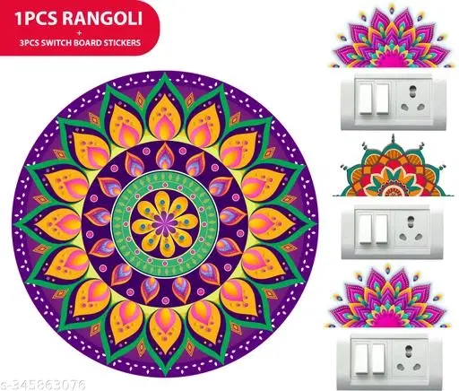 Combo of Rangoli Sticker, 31x31 cm & 3 Pcs Switch Board Stickers, Multicolor, Set of 2