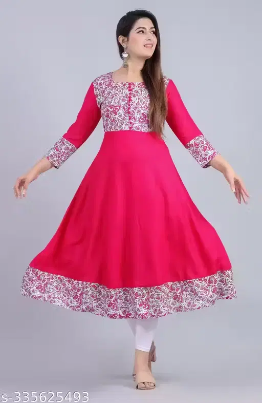 Rayon Printed Anarkali Kurti for Women, Pink ( XXL)