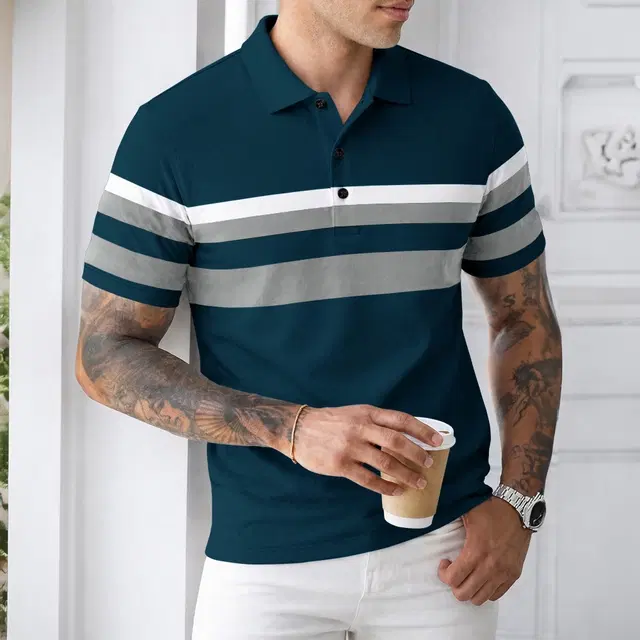 Polo Neck T-Shirt for Men (Teal, M)