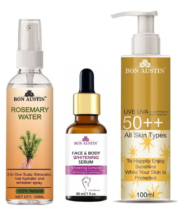 Bon Austin Rosemary Hair Spray, 100 ml with Face & Body Whitening Serum, 30 ml, UVA & UVB Protection Sunscreen Lotion, 100 ml, Set of 3