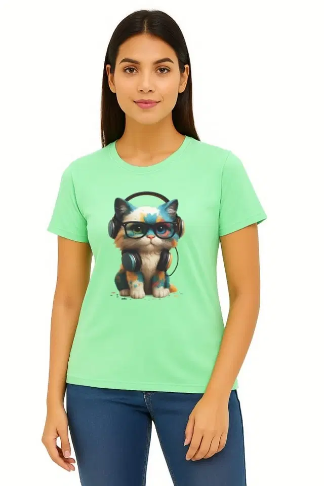 Cotton Blend Printed T-shirt for Women, Green (S)