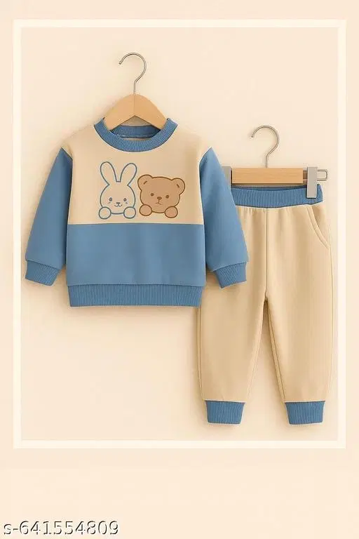 Hosiery Cotton Printed Clothing Set for Kids, Blue & Beige (6-9 Months)