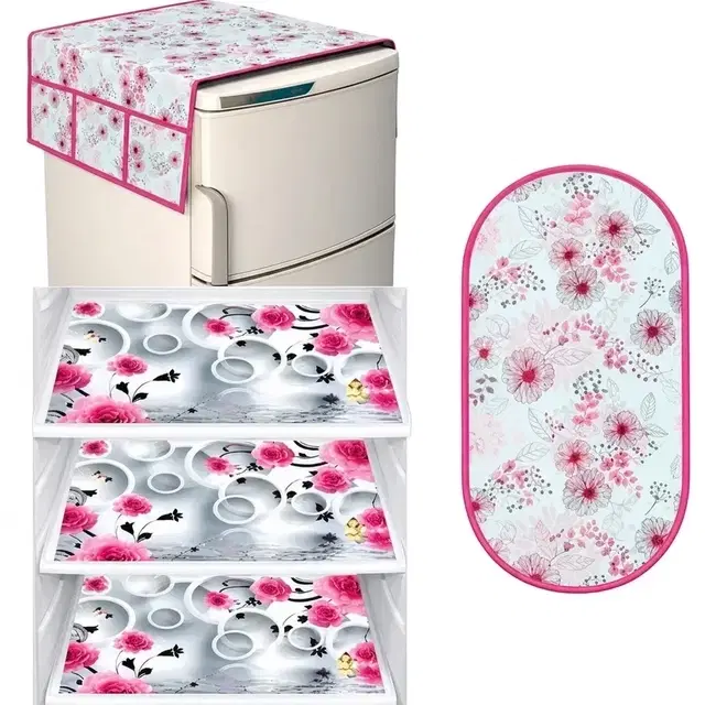 Waterproof Fridge Cover, With 3xFridge Mat And 1 xHandle Cover Pack Of 5 Multicolor Flower