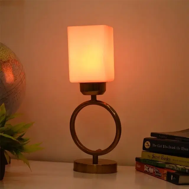 Square Glass Shade Table Lamp With Ring Stand (White)