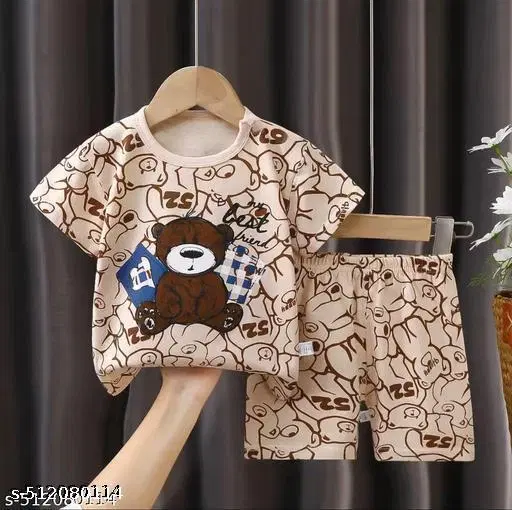 Bear Cartoon Printed Hosiery Cotton T-Shirt and Short Set for Boys (Brown, 2-3 Years)
