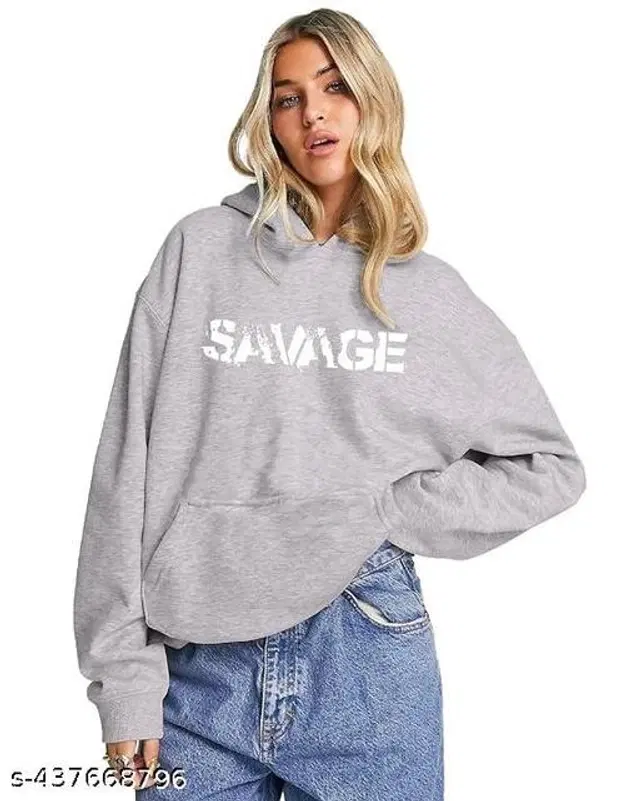 Cotton Blend Printed Hoodie for Women (Grey, S)