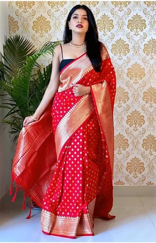 Booti Print Banarasi Silk Womens Sarees for Women ,Red (6.3 m)